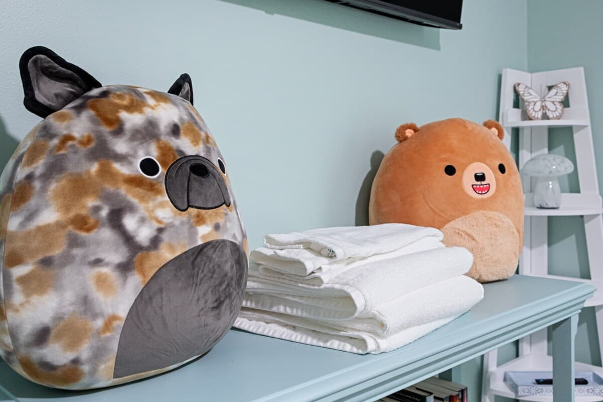 Cute accent details with plush décor and neatly folded linens, adding a warm, family-friendly touch to the room.