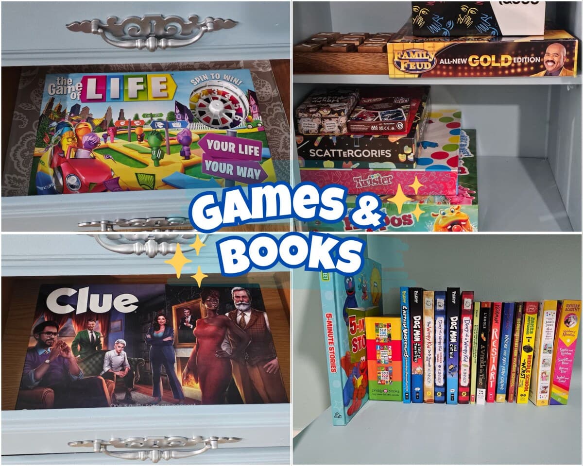 Classic board games like The Game of Life, Clue, Twister, and Scattergories, plus family favorites and a selection of books for all ages—perfect for fun and relaxation during your stay.