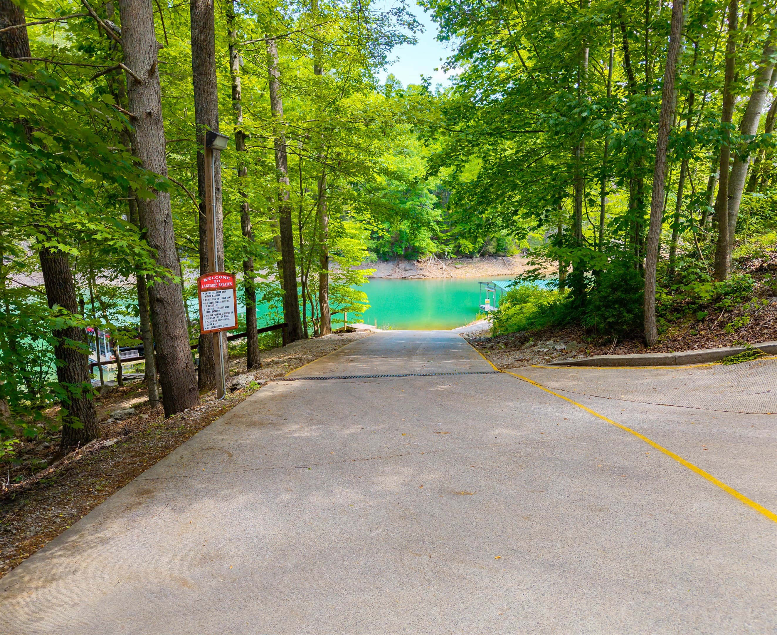 Boat launch access to lake and boat slip.