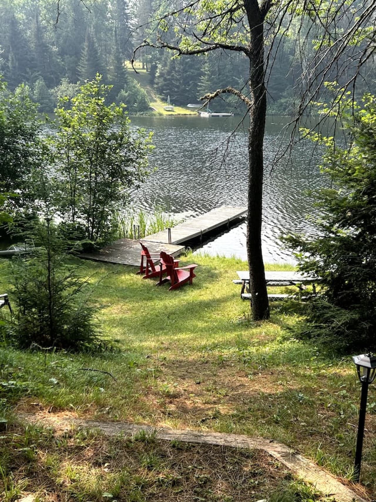 view from stairs of grassy area by lake