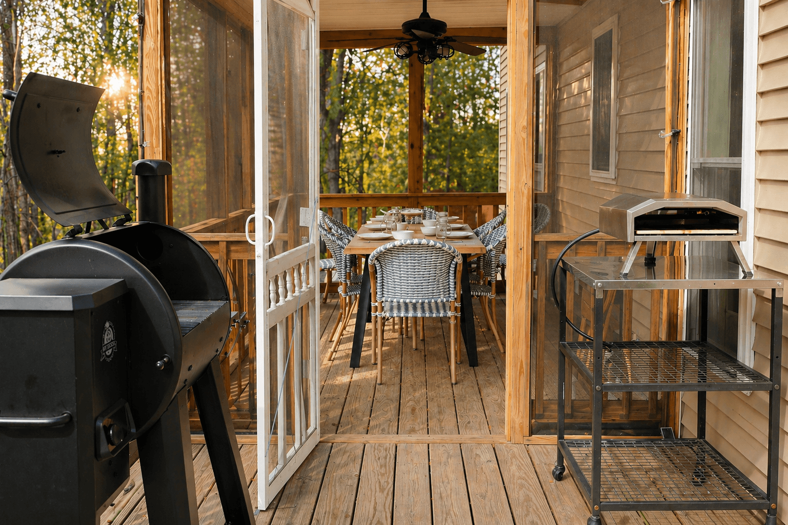 Pit Boss Smoker, Pizza Oven and seating for 8 in screened in porch