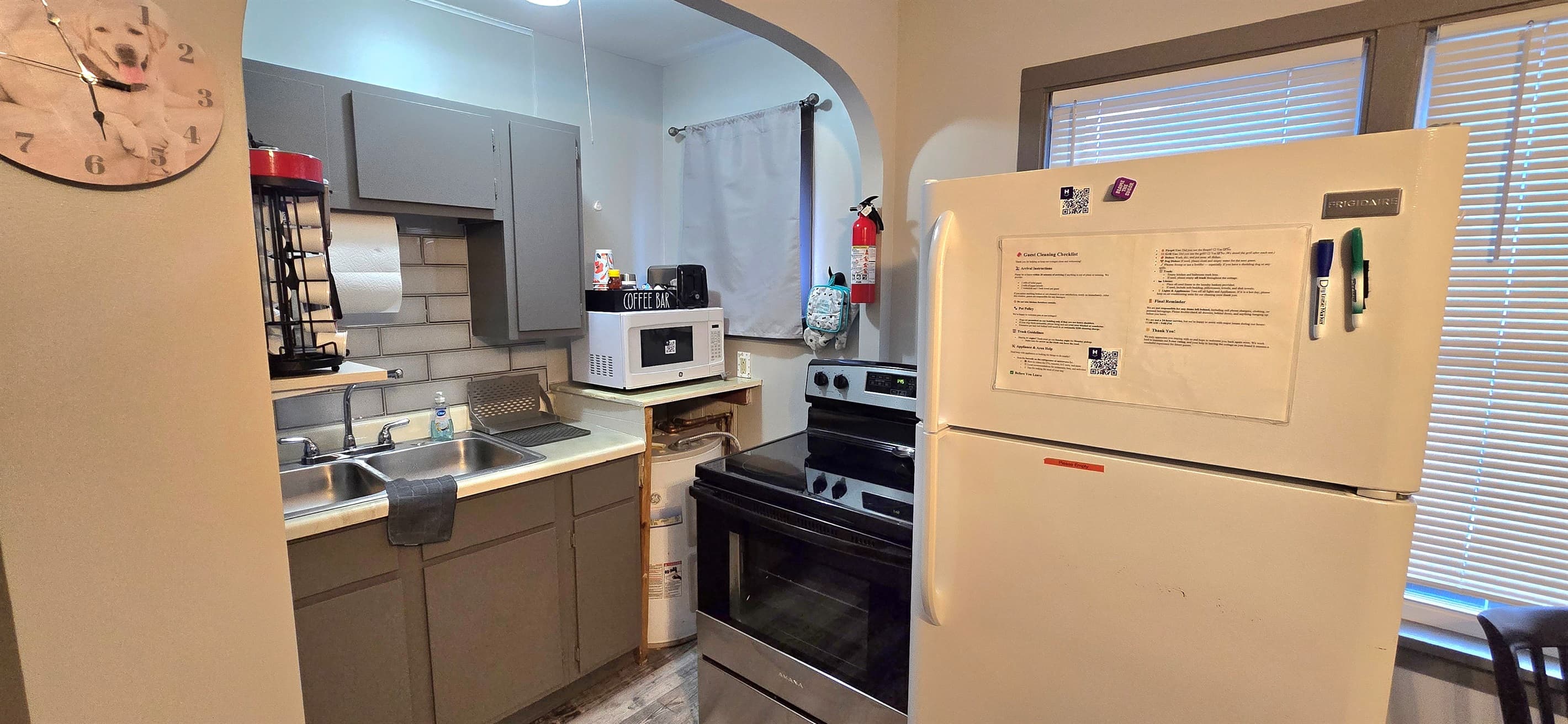 Fully Equipped Efficiency Kitchen — Fridge, Stove, Microwave & Coffee Bar
 Modern Compact Kitchen w/ Full Appliances, Coffee Bar & Cleaning Essentials
Small but Mighty Kitchen — Full Fridge, Stove, Microwave & Coffee Bar