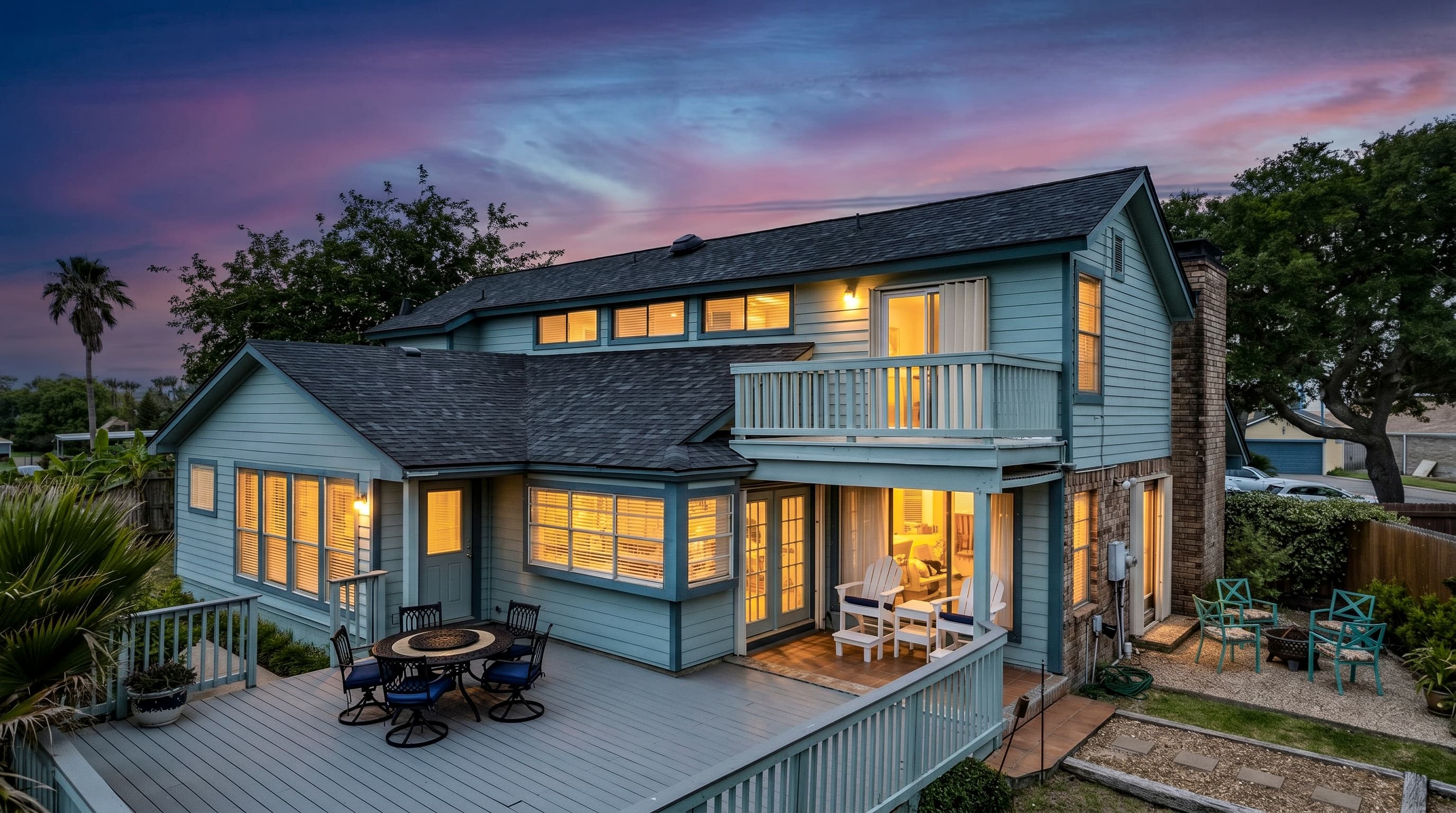 Lakeview Landing at golden hour — the multi-level deck glows at dusk, welcoming your group back from Moody Gardens or Schlitterbahn.