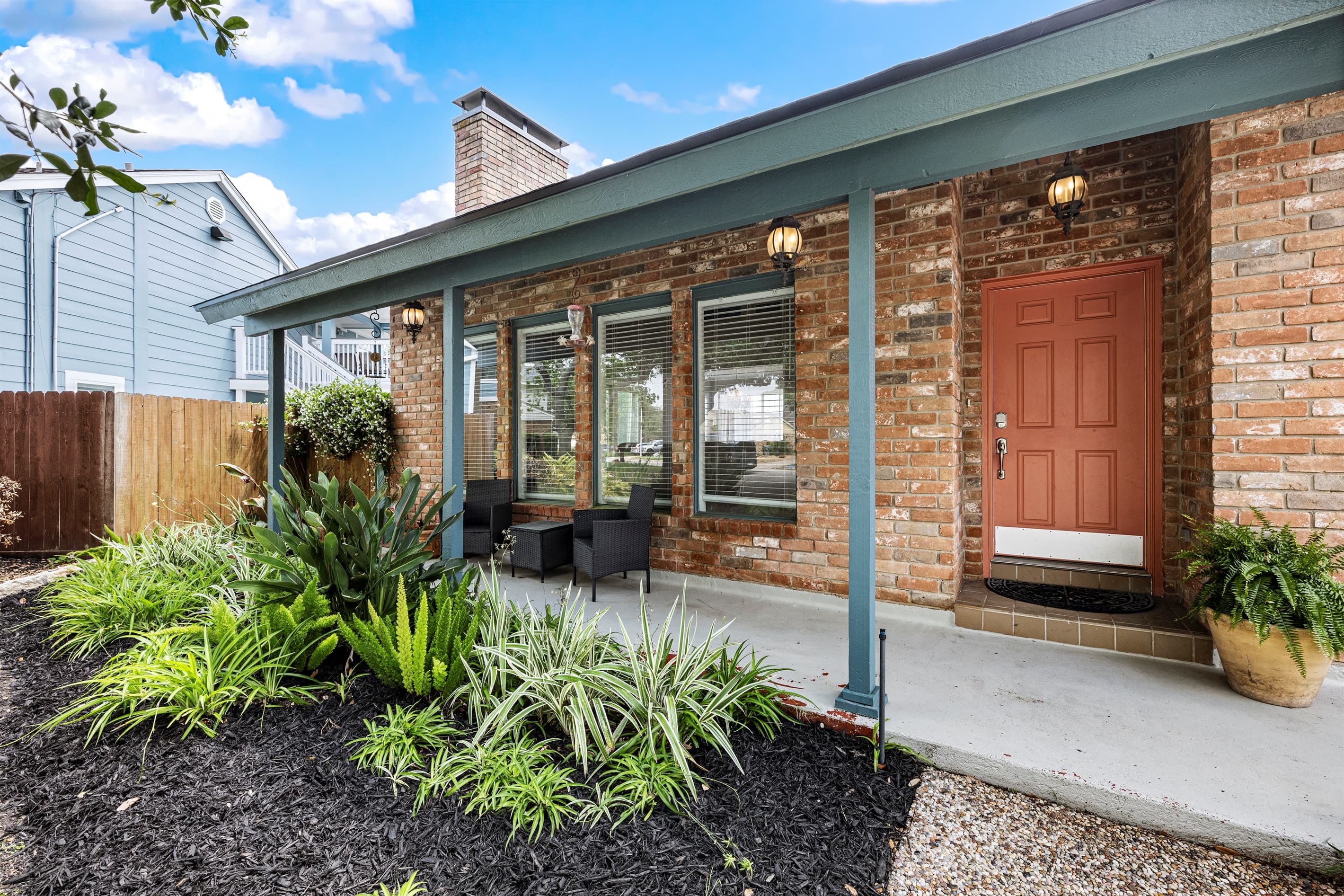 Architectural character at Lakeview Landing — a well-maintained Galveston home combining timeless design with modern waterfront amenities.
