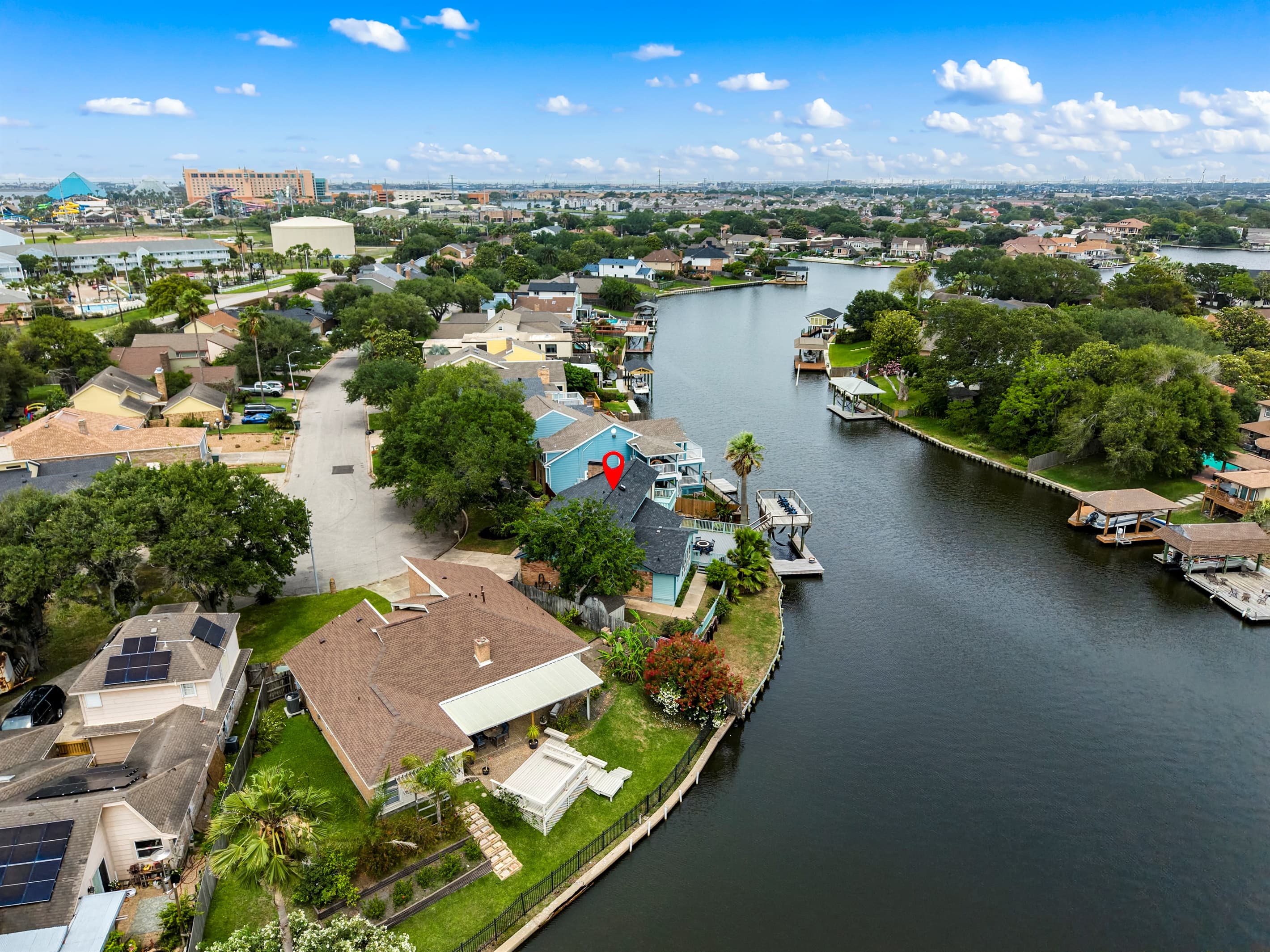 Aerial perspective of Madeline Lake's waterfront community — Lakeview Landing is one of Galveston's premier waterfront vacation destinations.
