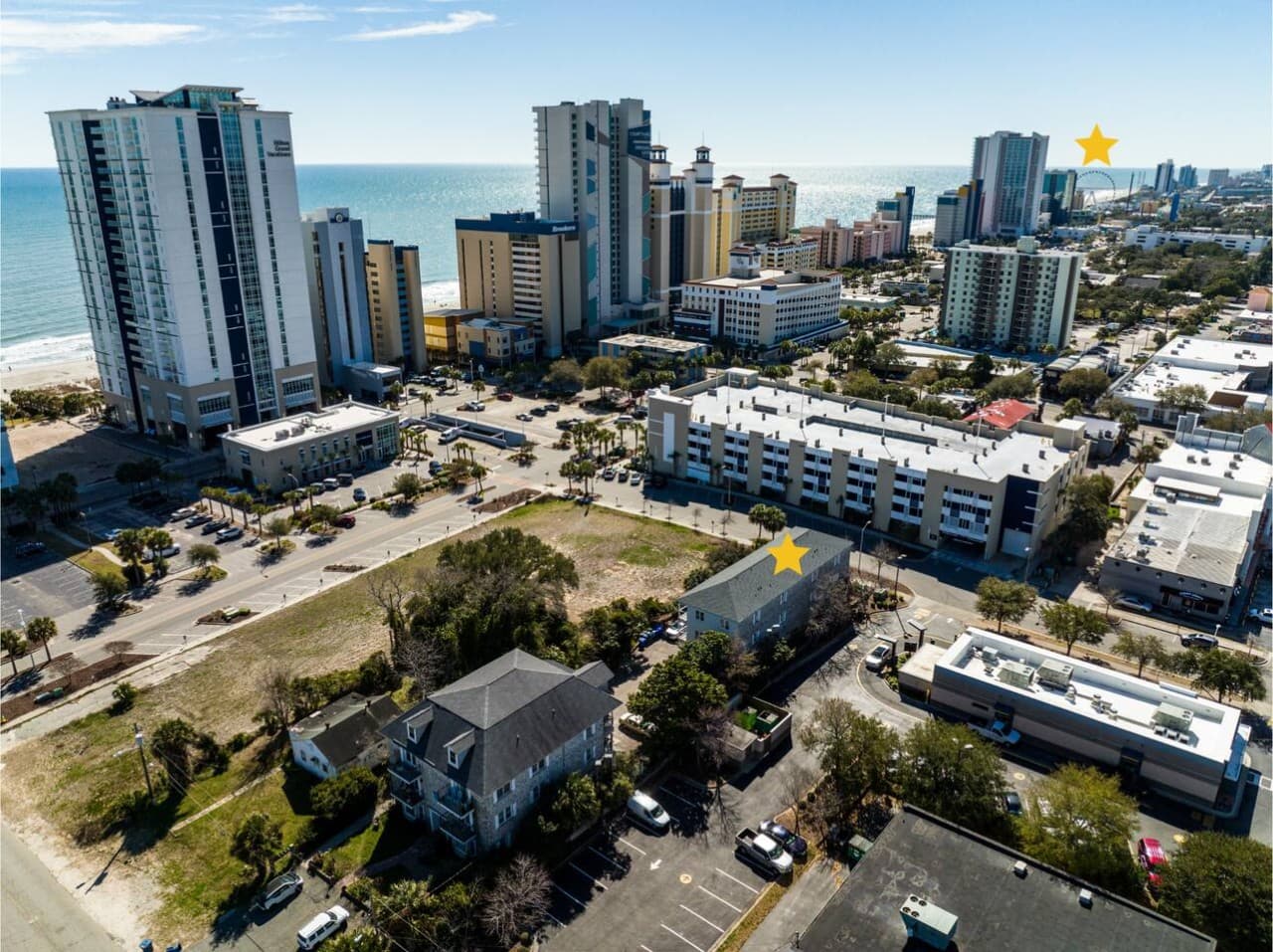 Close proximity to the Myrtle Beach Boardwalk and Skywheel (starred)