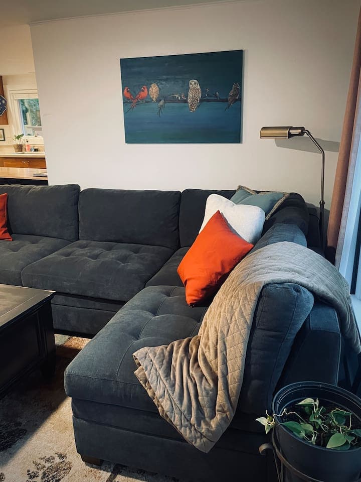 An oversized, inviting couch with plush pillows and throws offers the perfect spot to relax, unwind, and enjoy the view or a show.