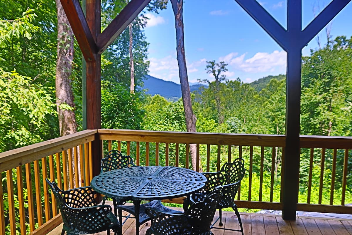 Seating area with mountain view. 