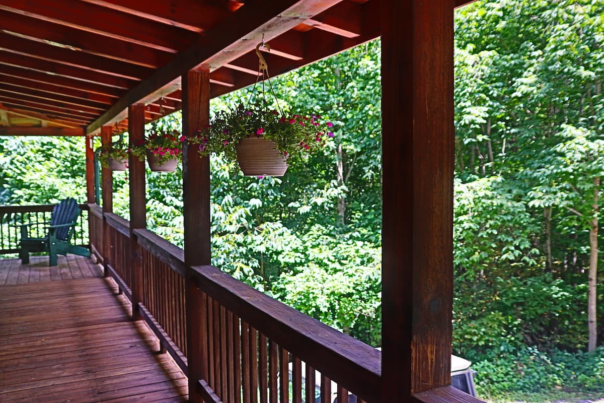 Hanging flowers from upper deck. 