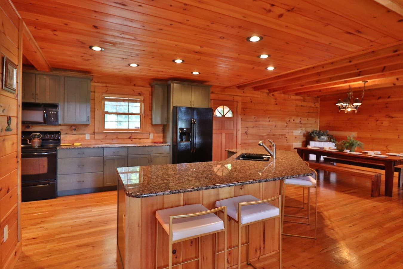 Kitchen island overlooking kitchen and living. 
