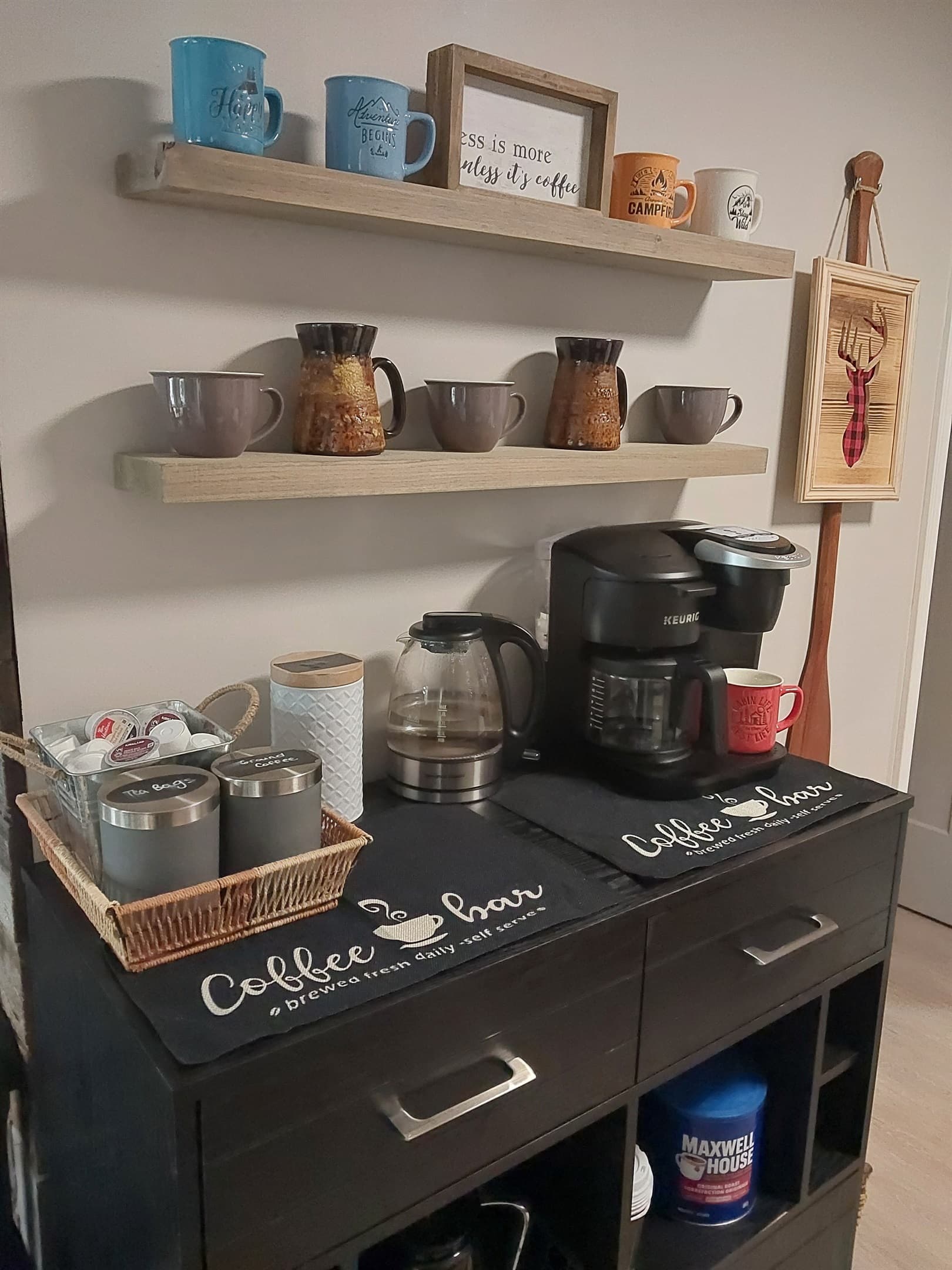 Start your mornings your way—coffee corner stocked with K-cups, ground coffee, tea bags, hot chocolate, and sugar.
