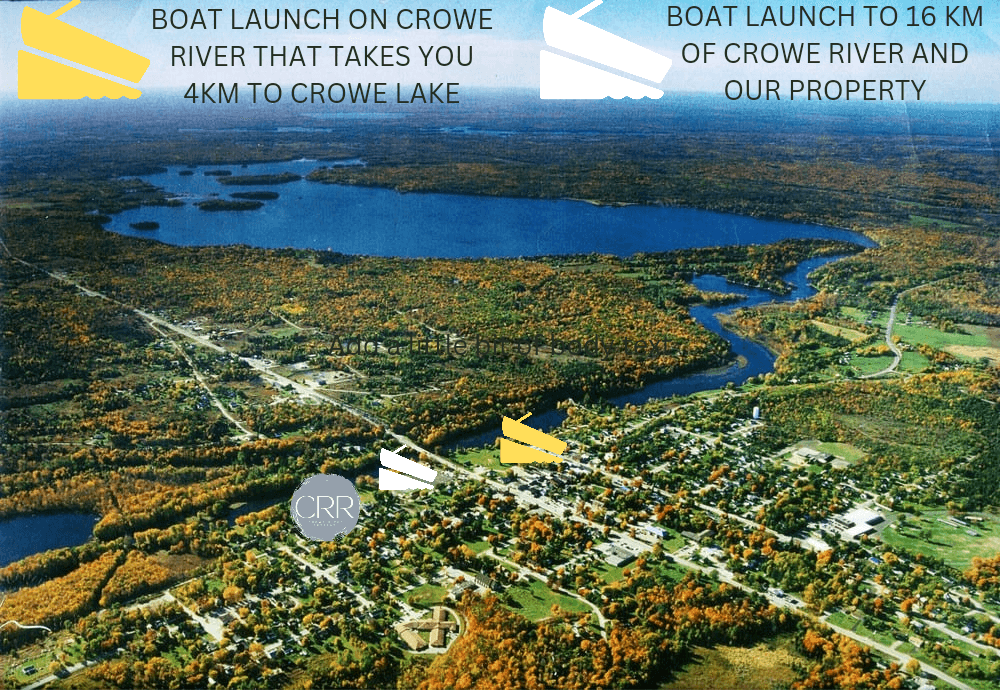 Your vacation home in relation to the Lake and boat launches. You cannot access the lake from our side of the river - at damn at highway 7 prevents this. We have quiet riverfront alternative to busy Crowe Lake. 