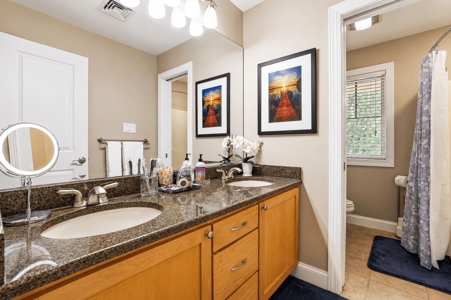 Freshen Up in the 1st-floor private bathroom with double vanity and tub/shower combo!