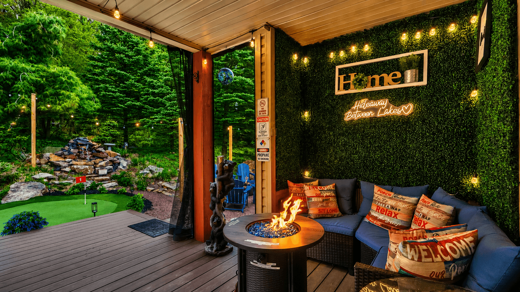Grab a seat by the fire and stay awhile. This covered outdoor lounge was made for slow evenings, great conversations, and unforgettable vacations. Imagine ending the day here with a glass of wine, the fire glowing, and string lights overhead.