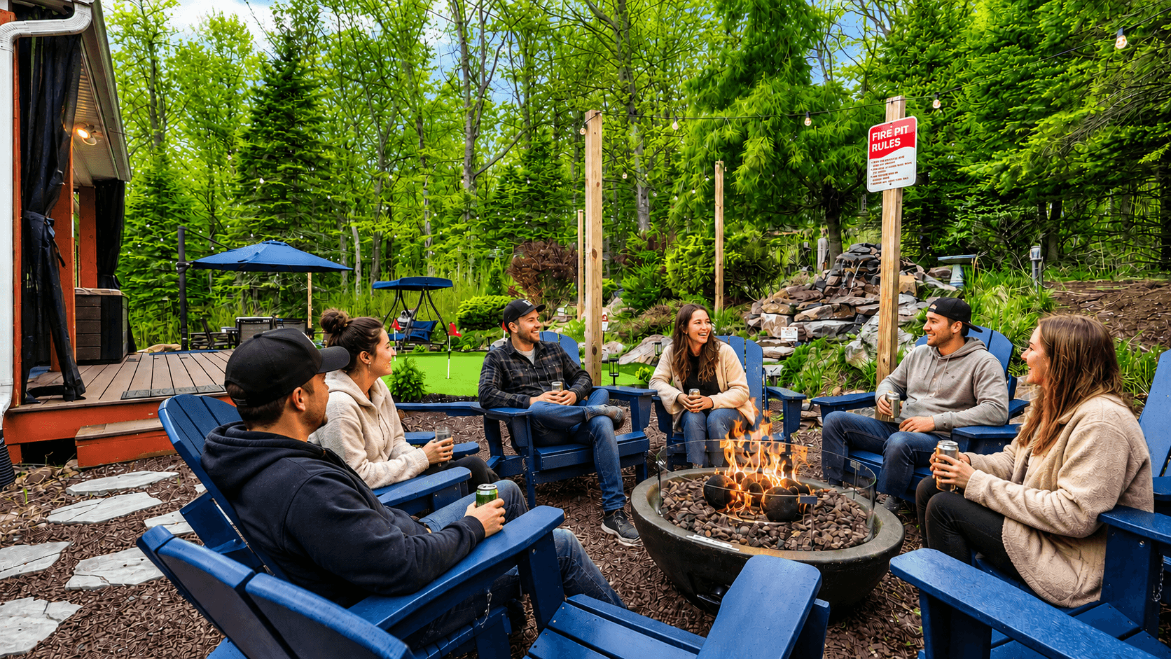 Gather around the Smokeless Propane Gas Fire-Pit in the backyard under the stars, which comes with one 20 lb propane gas tank per stay that with seating for eight people!