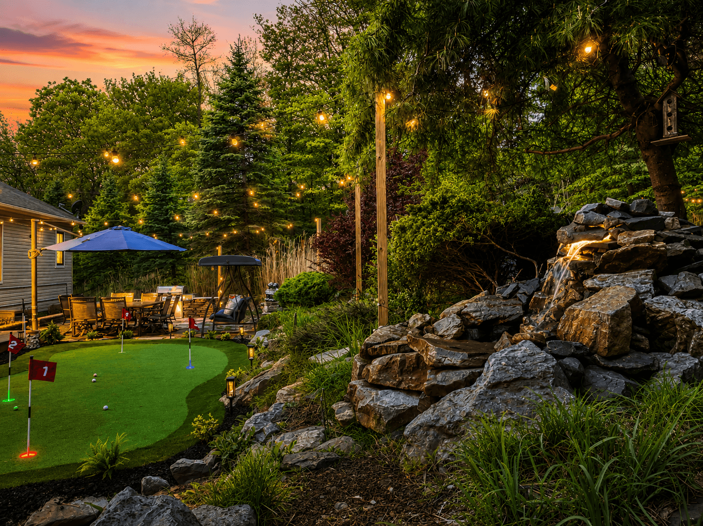 Watch the waterfall glow, line up your next putt, and stay outside just a little longer. Evenings here feel like your own private mountain resort. The perfect setting for unforgettable nights in the Poconos.