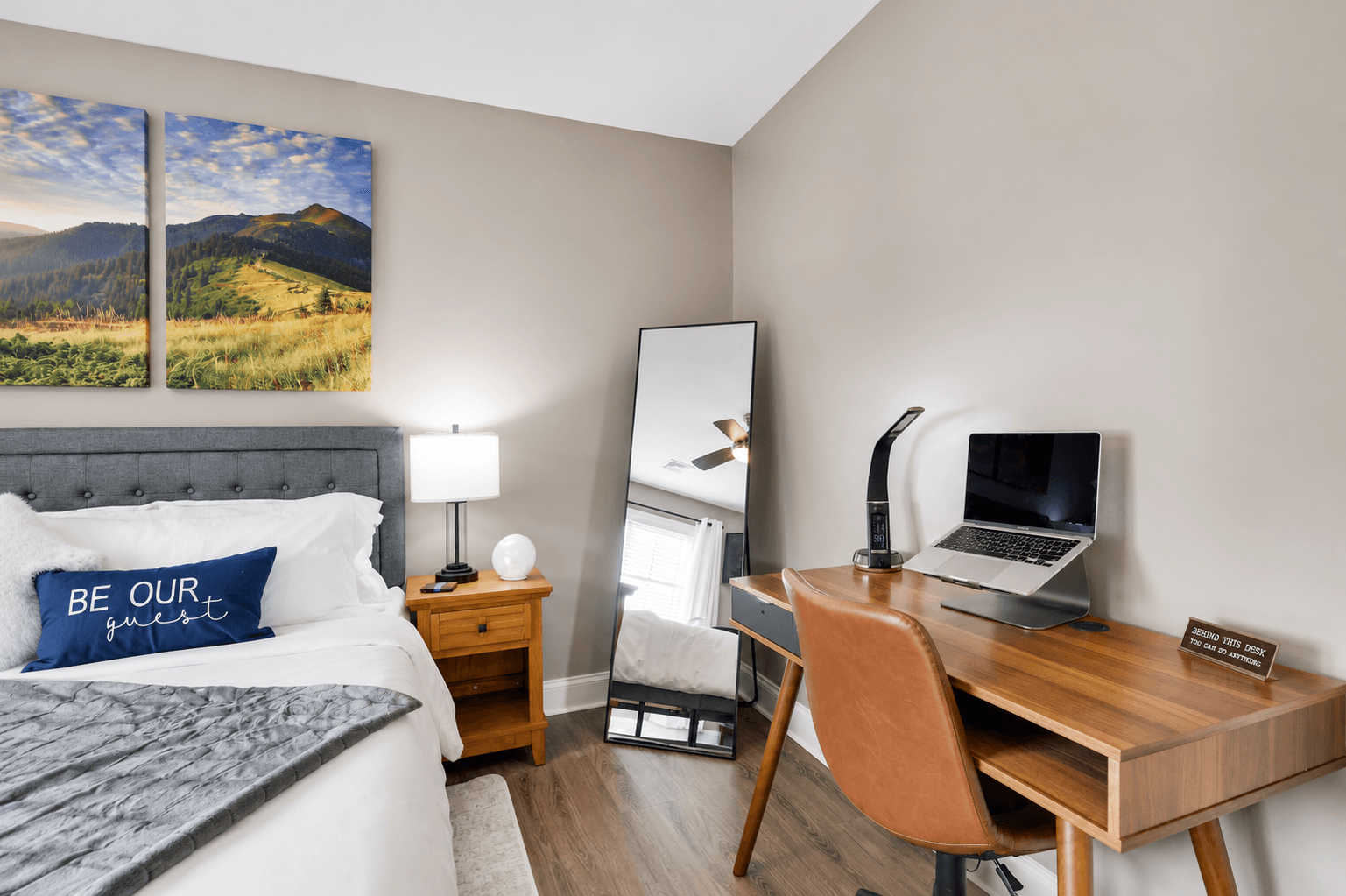 Stretch out and Work in Style: Spacious First Floor King Bedroom with a Private Workspace and Convenient Wireless Charging Lamp for Productive Travels. Laptop no included in this rental. 