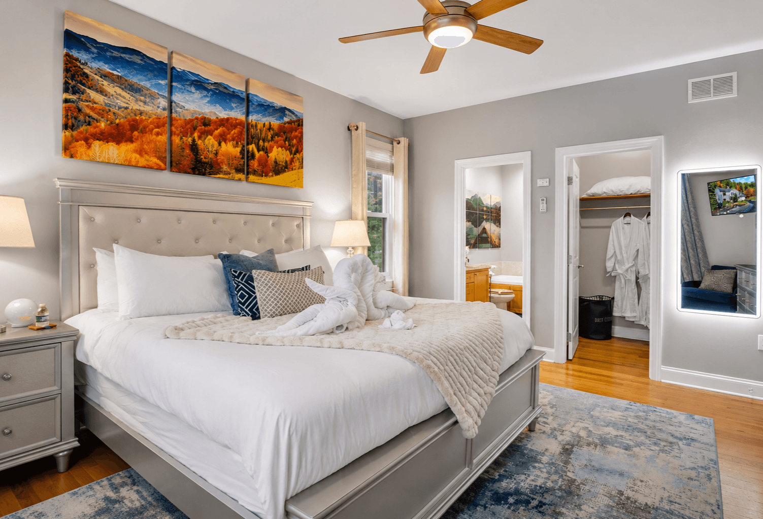 Indulge in Luxury in the King-sized primary Bedroom located on the second floor, which features with ensuite bathroom equipped with large smart TV, Steam Room, and Jacuzzi!