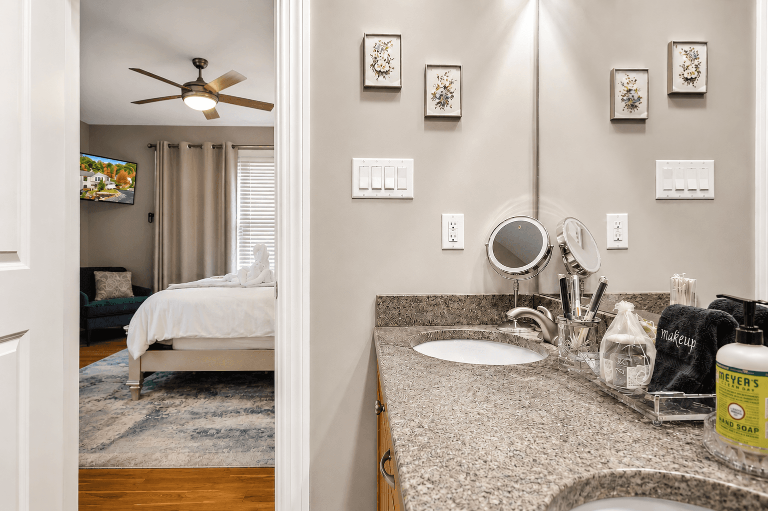 Relax and unwind in the master bathroom, which boasts dual sinks, Jacuzzi tub, and Steam room/Shower for your enjoyment!