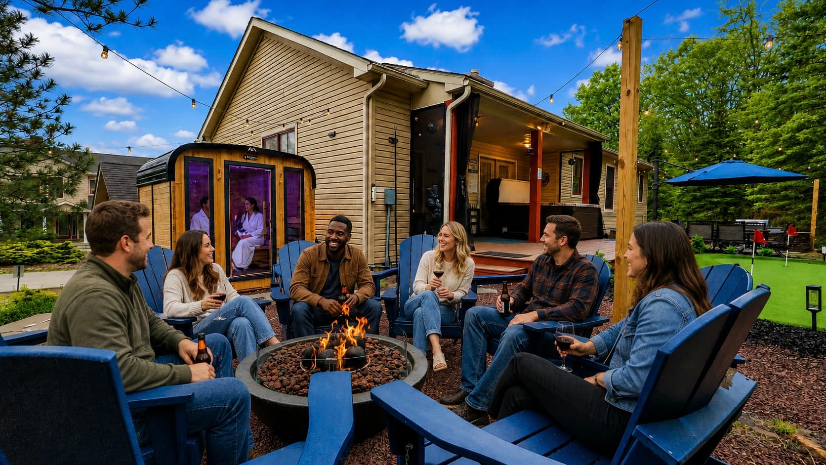 Watch the flames dance, enjoy a glass of wine, and soak in the atmosphere. With a sauna, hot tub, mini golf, and cozy gathering spaces, every evening feels special.