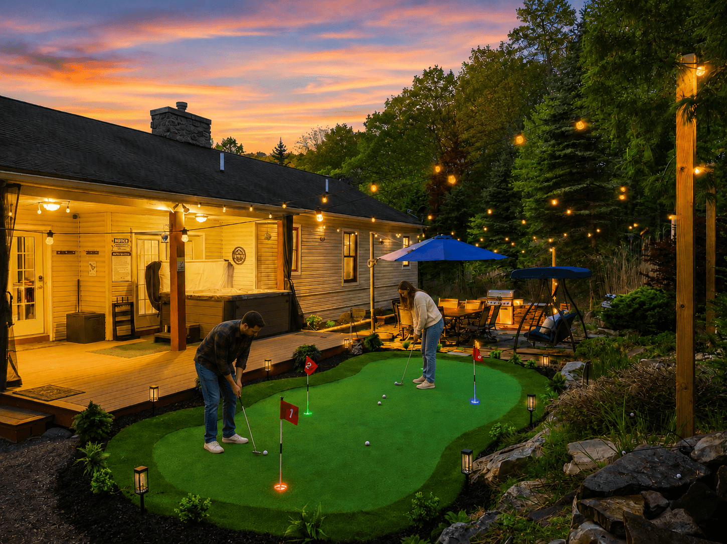 ⛳ Private Mini-Golf Under the Stars Bring the fun home! Challenge family and friends on your own illuminated mini-golf course, set against lush landscaping and twinkling lights.