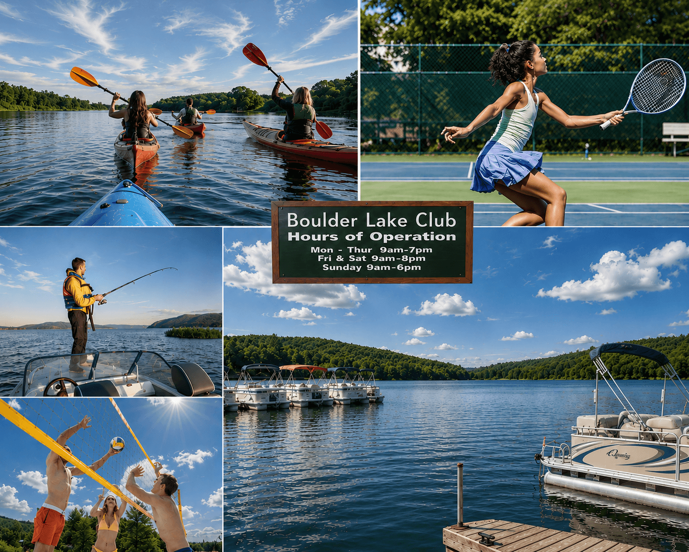 Discover the Boulder Lake Club in the Poconos Resort: A perfect blend of relaxation and adventure. Enjoy kayaking on tranquil waters, play a match on the tennis court, access the serene lake, go fishing, or join a game of beach volleyball.