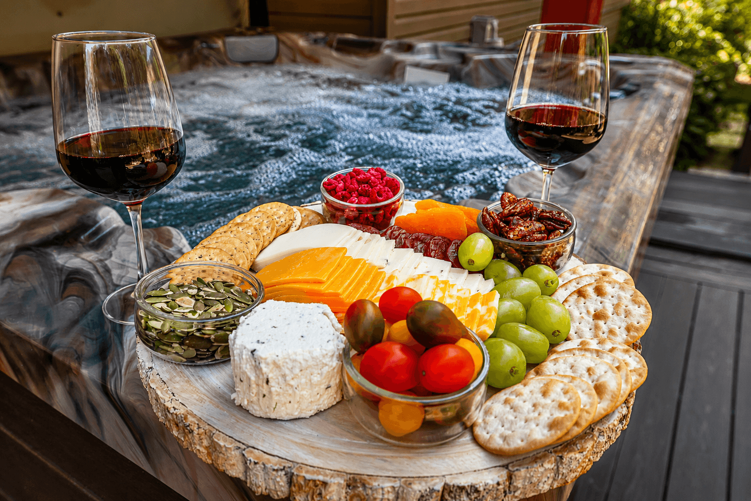 Relax in the hot tub with a scenic view and a beautifully staged charcuterie board and wine. (Please note: food and wine are for staging purposes only and are not provided.)