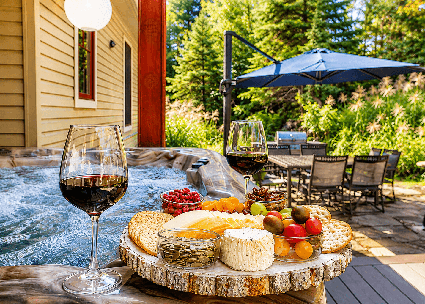 Imagine yourself here. A glass of wine, artisan cheeses, and a hot tub surrounded by nature. (Please note: food and wine are for staging purposes only and are not included.