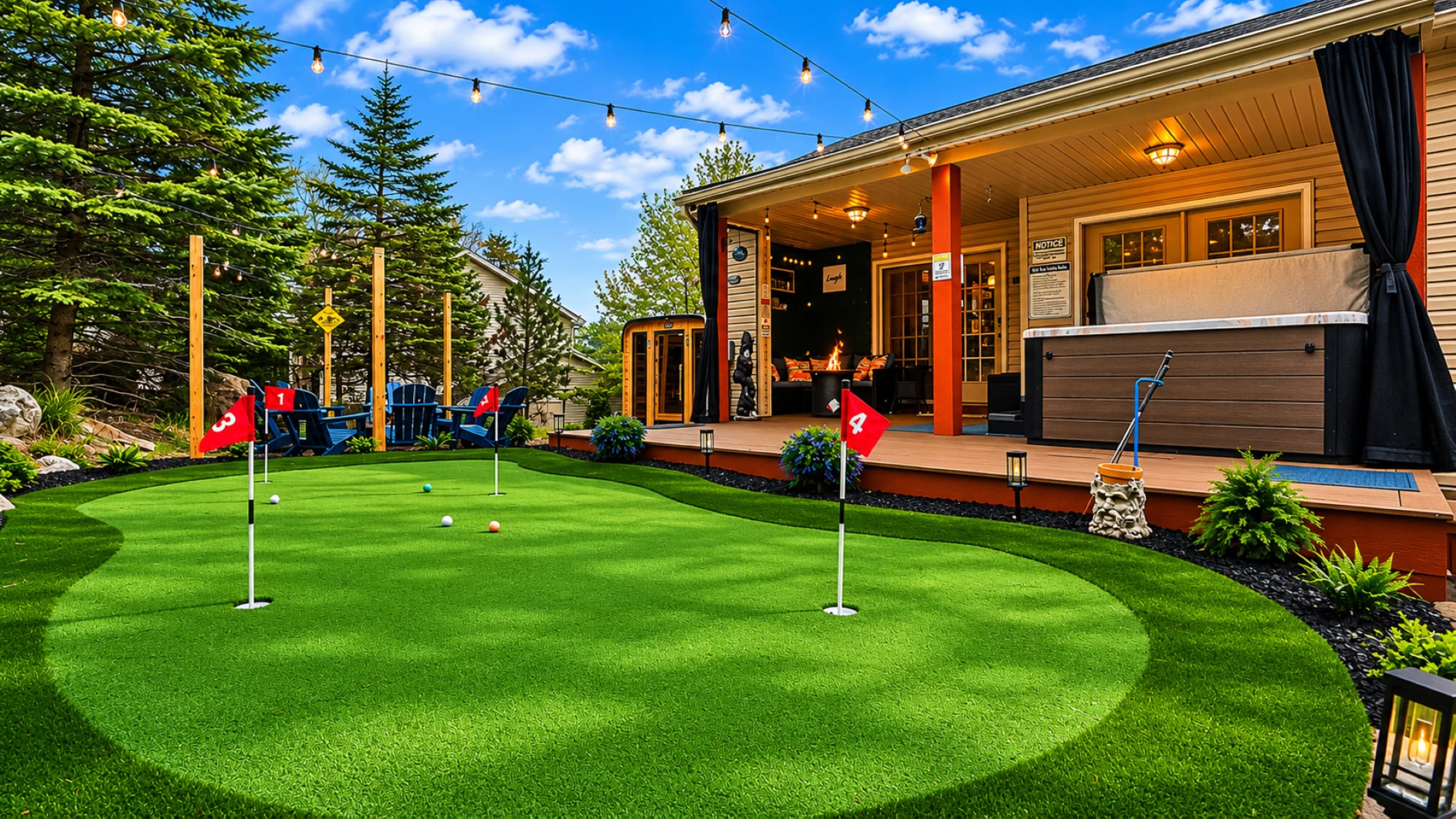 Step out to the private putting green first thing in the morning, coffee in hand, string lights still up from the night before. The backyard wakes up as fast as you do.