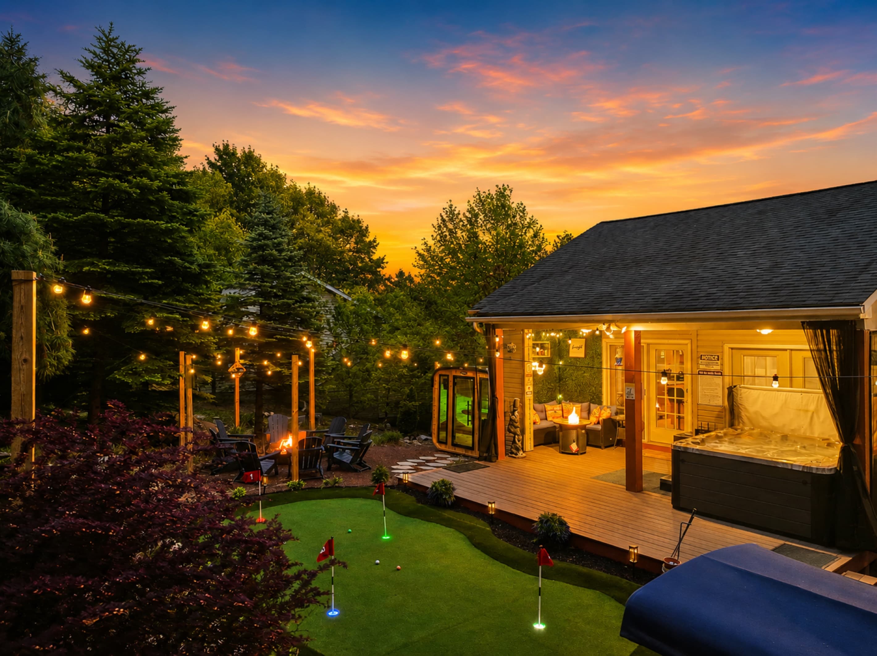 Experience your own private mountain resort. Soak in the hot tub, play a round of mini golf, relax by the fire pit, and unwind under the stars.