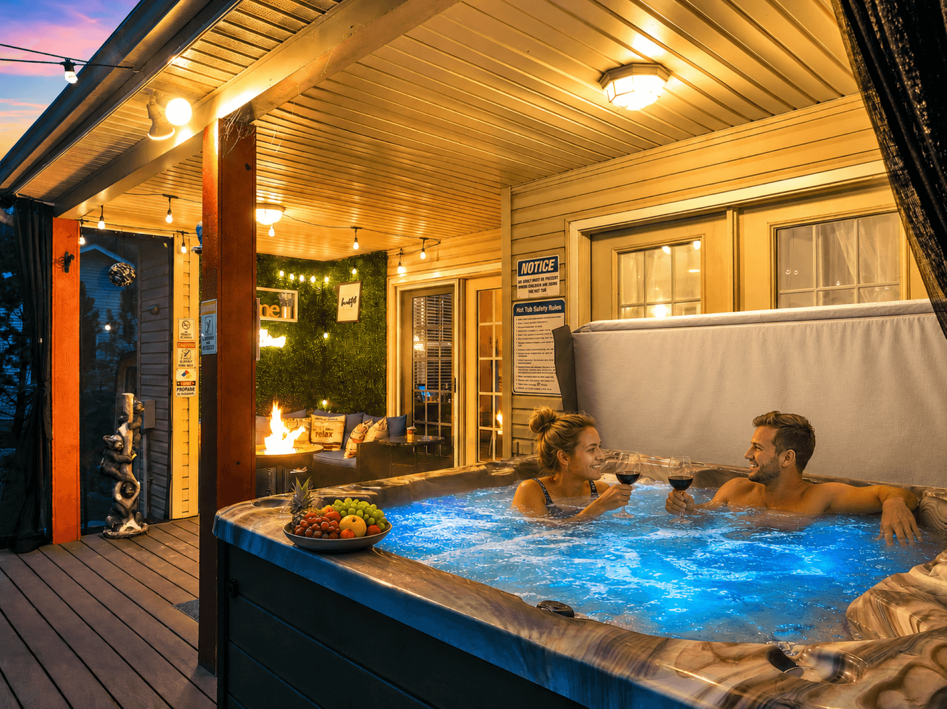 Luxury isn't just inside the home. Step outside to your own hot tub retreat. (Please note: food and wine are for staging purposes only and are not included)