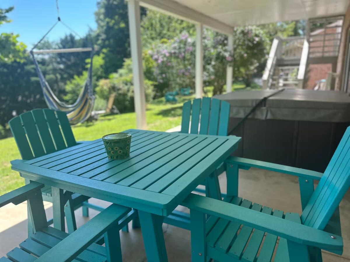 Covered back porch with teal dining set, hammock swing, and hot tub.

covered porch, hot tub, hammock chair, outdoor dining, Adirondack chairs, shaded patio, outdoor lounge, Smith Mountain Lake views.