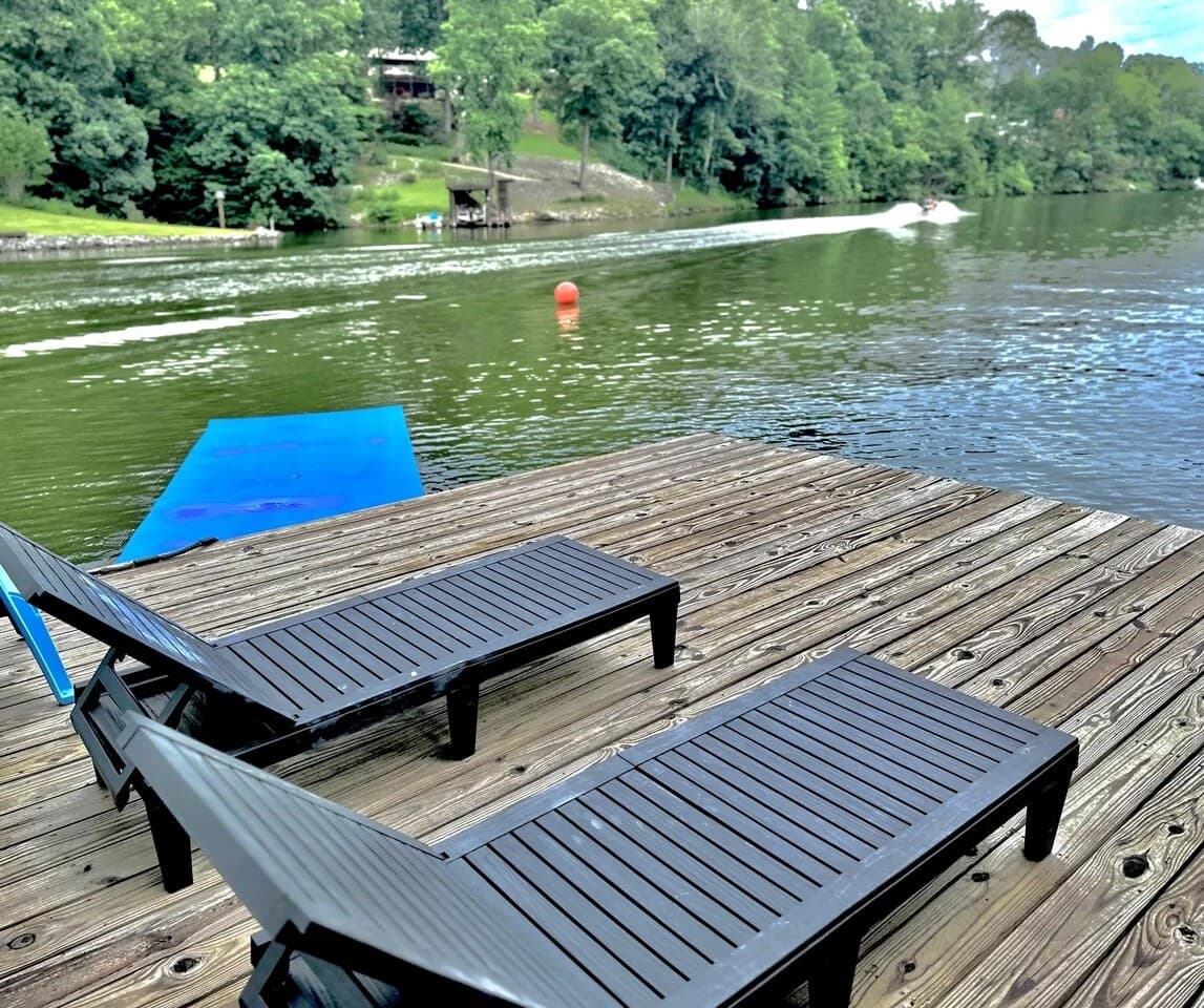 Lakeside loungers & water carpet — soak up the sunshine on the private dock.

Lakeside loungers, chaise lounge, water carpet, soak up the sunshine, deep crystal-clear water, swim area, private dock, Smith Mountain Lake.