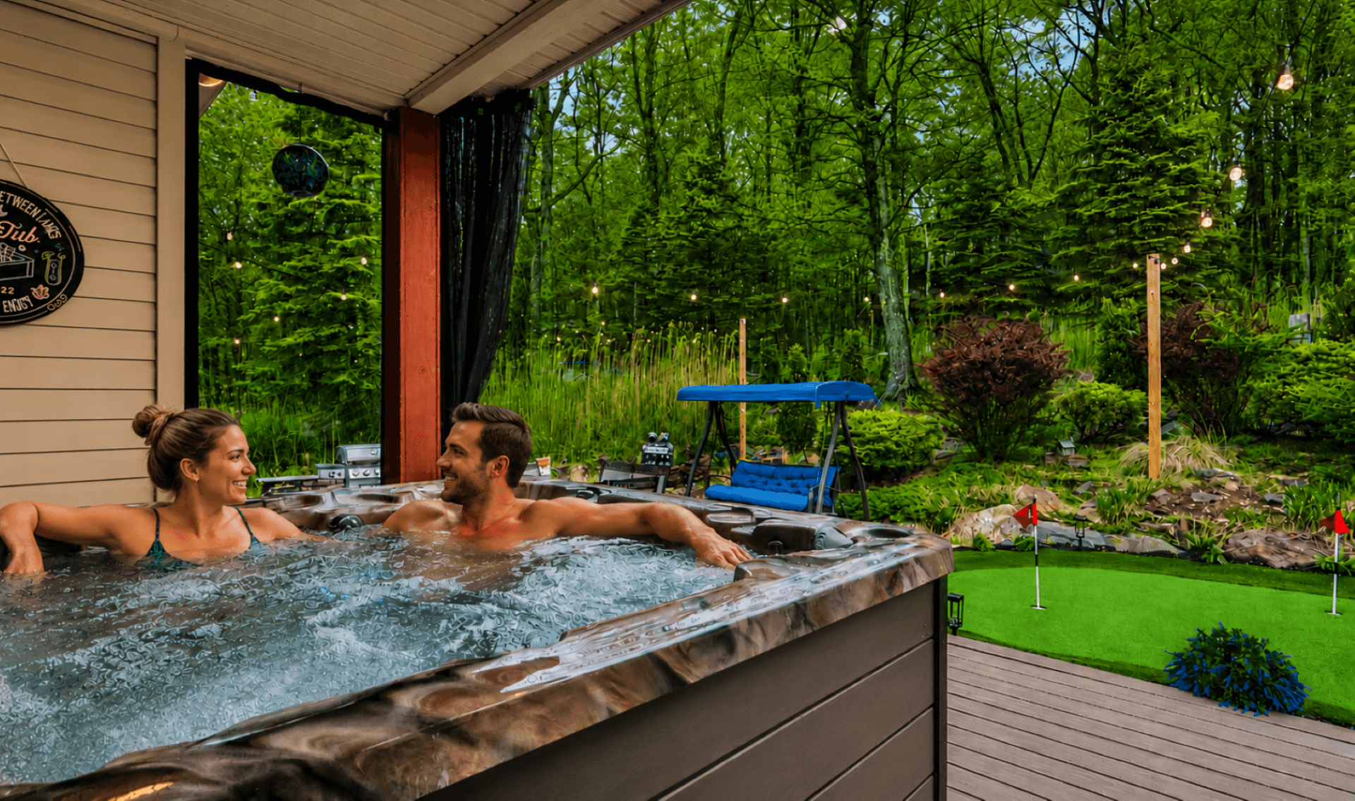 Recharge and de-stress in the 7-person jetted hot tub, surrounded by nature with tranquil forest views and resort-inspired amenities.