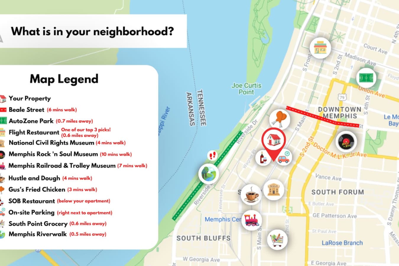 Here's a map for an overview of the nearby places to visit and dine in the neighborhood!
