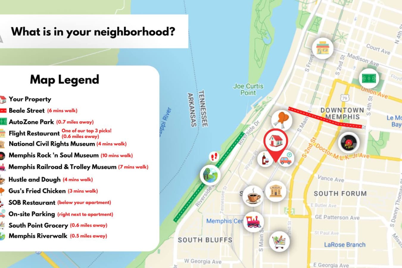 Here's a map for an overview of the nearby places to visit and dine in the neighborhood!