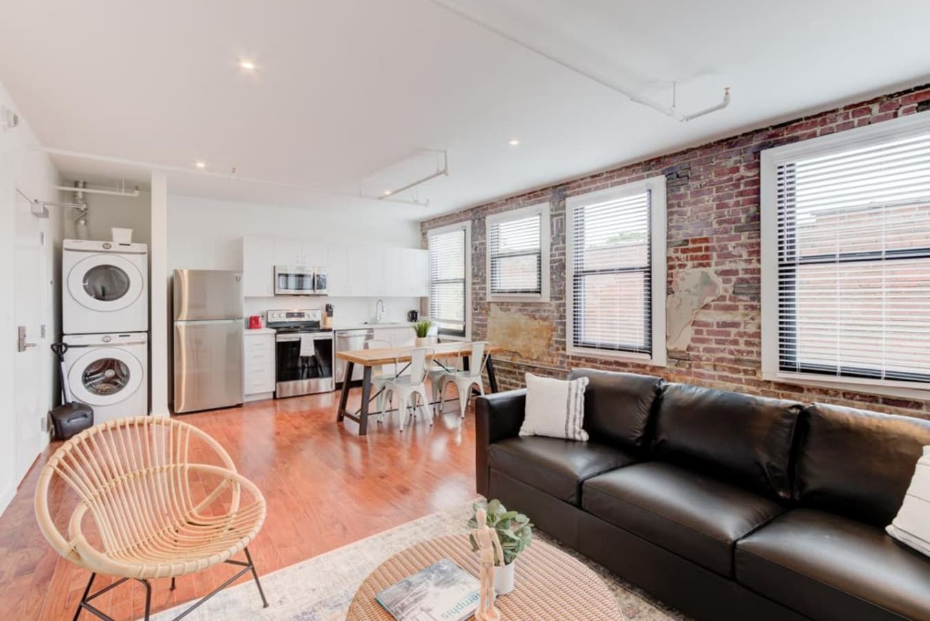 If you're staying a little longer or traveling a lot and need some fresh laundry, you will have a full-size washer and dryer inside the apartment. 

You'll also have an ideal size refrigerator for storing cold beverages and takeout or leftover food.