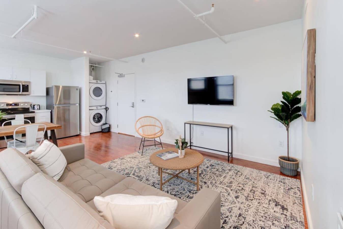 If you're staying a little longer or traveling a lot and need some fresh laundry, you will have a full-size washer and dryer inside the apartment.

An ideal size refrigerator for storing cold beverages and takeout or leftover food.