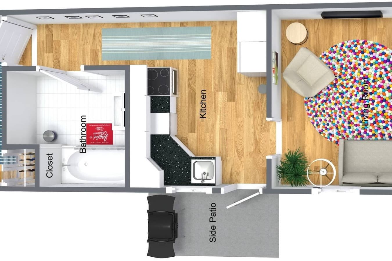 Here’s a 3D rendering of the apartment. While not all furniture is shown and there’s no BBQ, it represents the general layout.