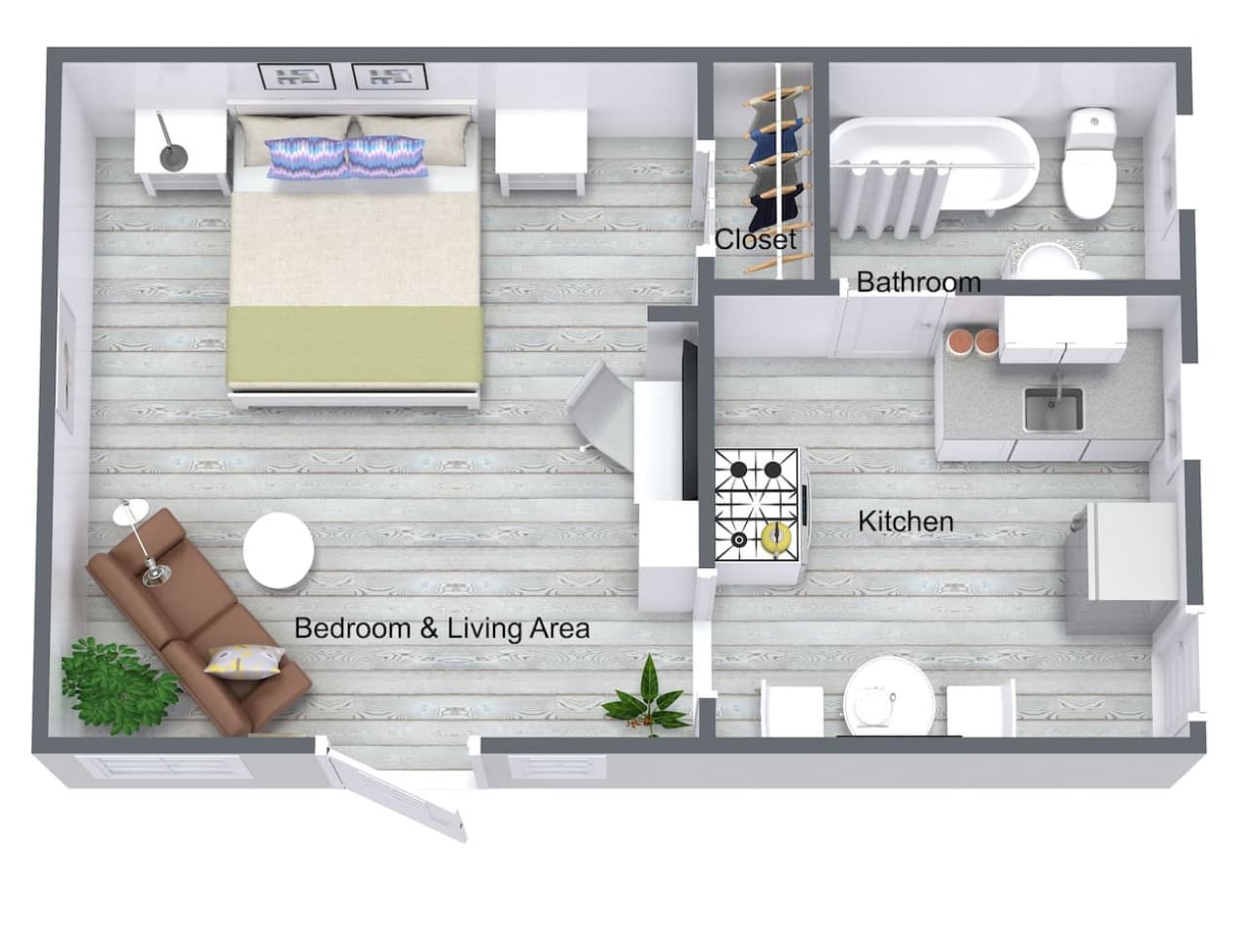 Here is a floor plan of your guest house retreat - a spacious living / bedroom area where you will also find your work station. 

On the other side you have your fully equipped Kitchen and bathroom