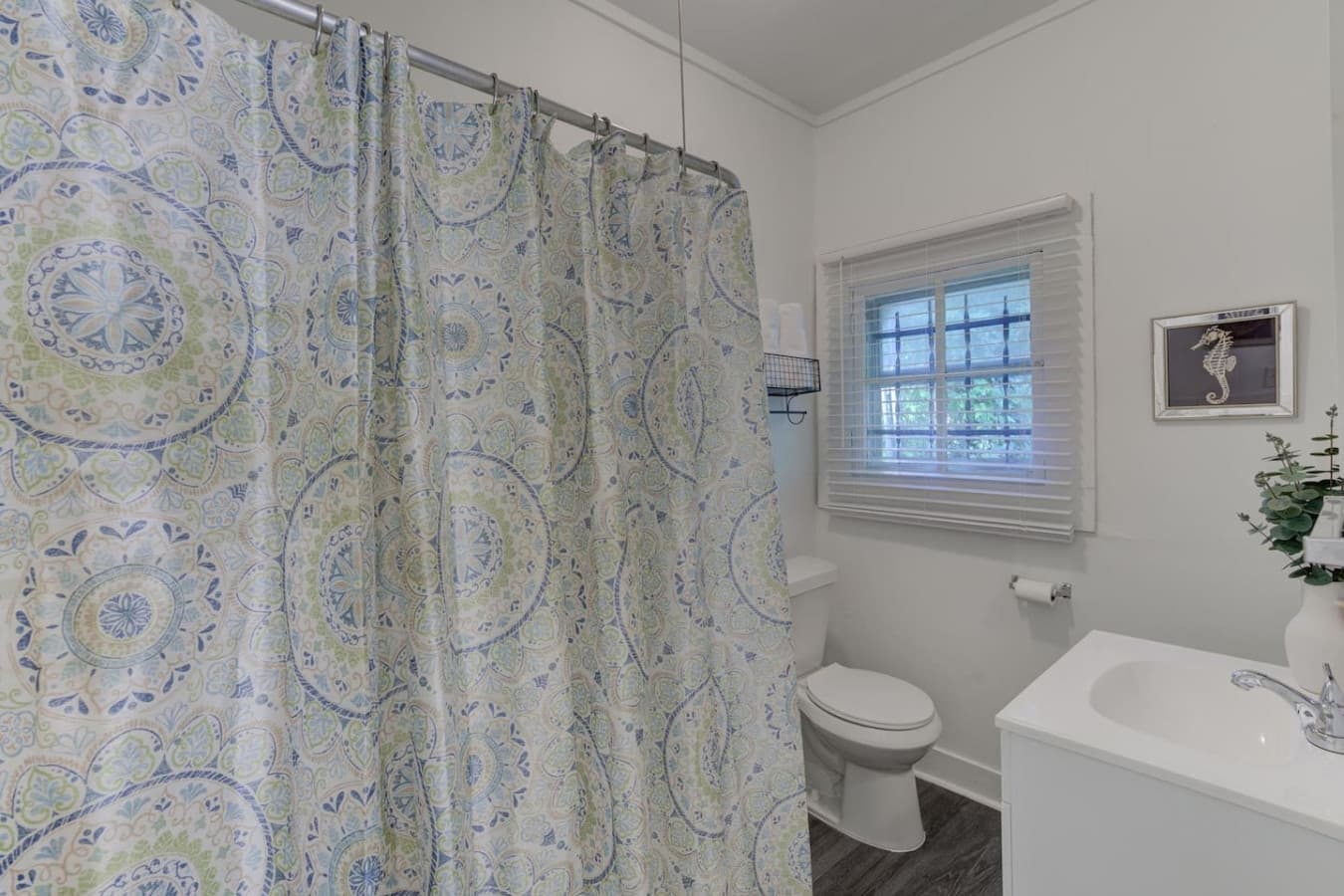 Bright bathroom and shower with natural light coming from the window.