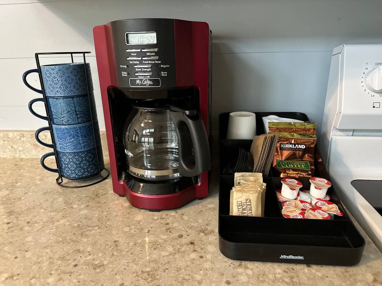 Wake up to coffee in this cozy kitchen corner.