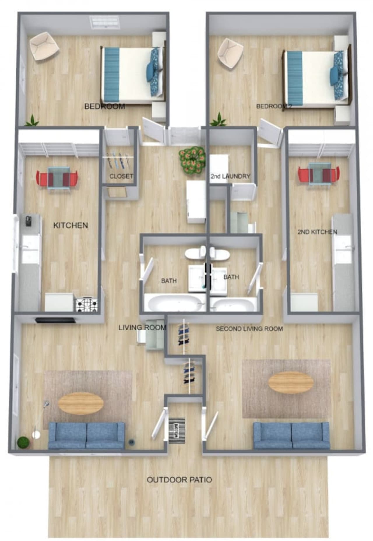 Rough floor plan to show the space. Both sides are similar. Furniture may differ from photos.