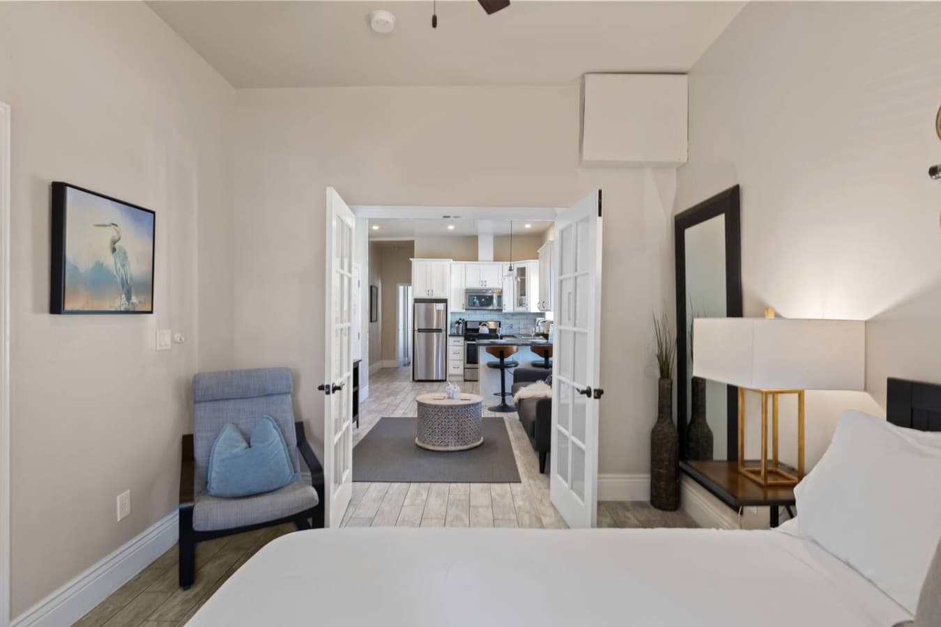 View from the front bedroom where you'll find a super comfy queen bed and fresh crisp linens to sink right into.