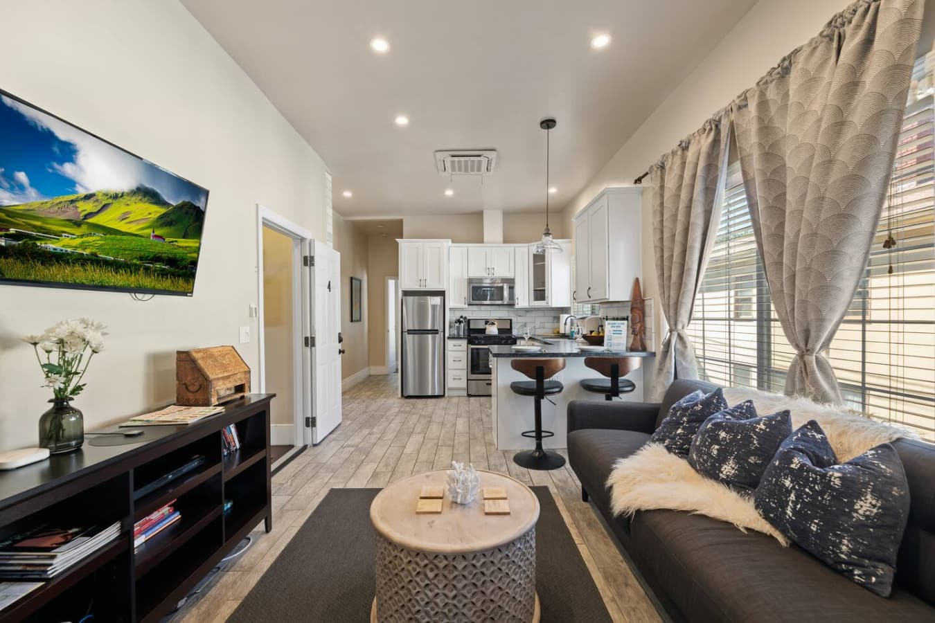 Open floor plan stretches from the front bedroom through the living room to the rear of the apartment.