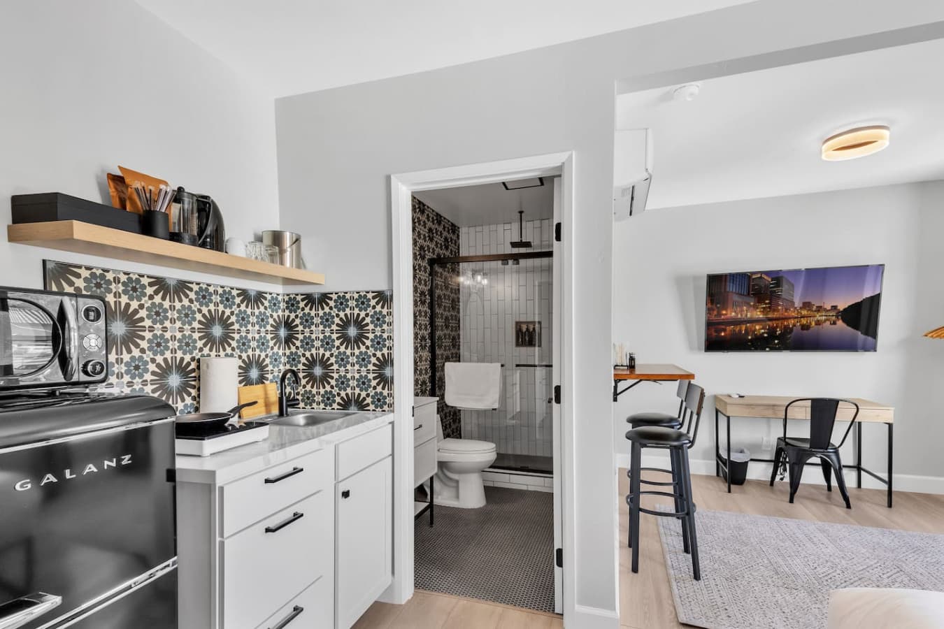 Your kitchenette, bathroom, dining area, and work station