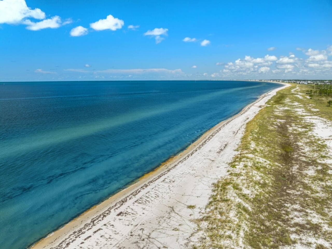 Calm and Serene Beach, Soft and sugary white sand lined by green grass.
