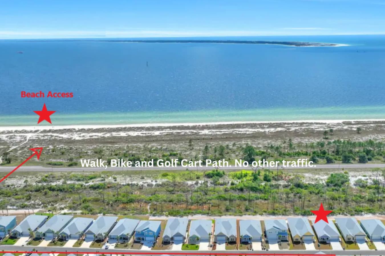 Easy access to Beach. Beautiful Preserved land with trees and shrubs in between. Nature trail for walk , bike, golf cart only. Safe for kids to bike. No public traffic here.