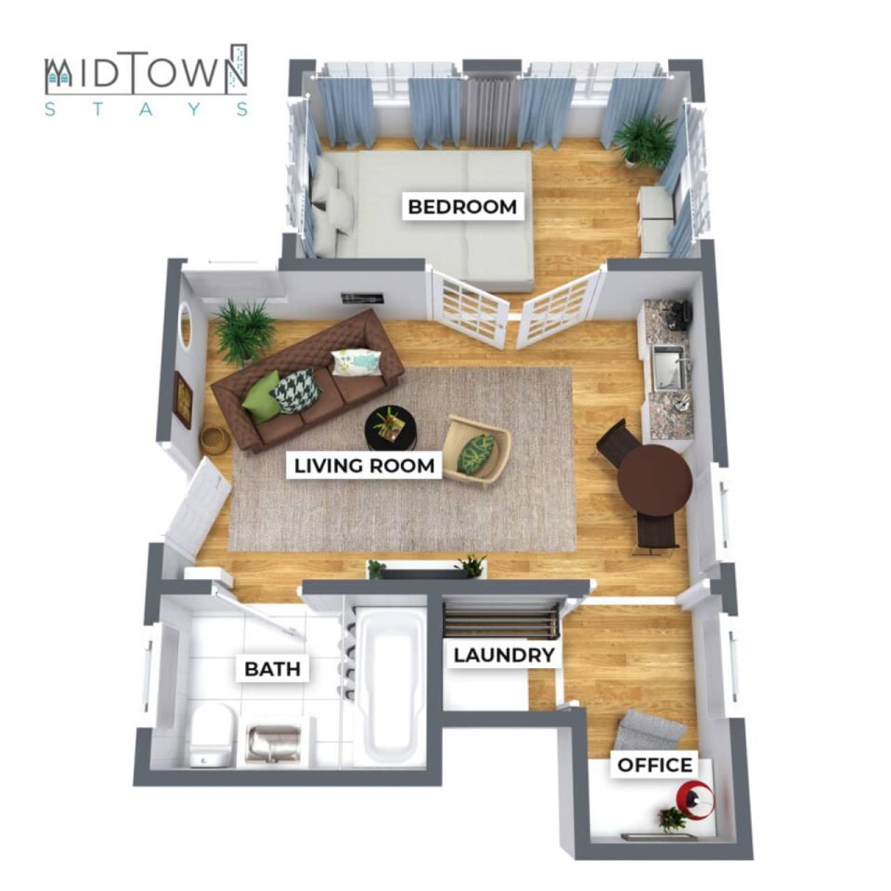 A 3D view of the space for reference; furniture may vary.