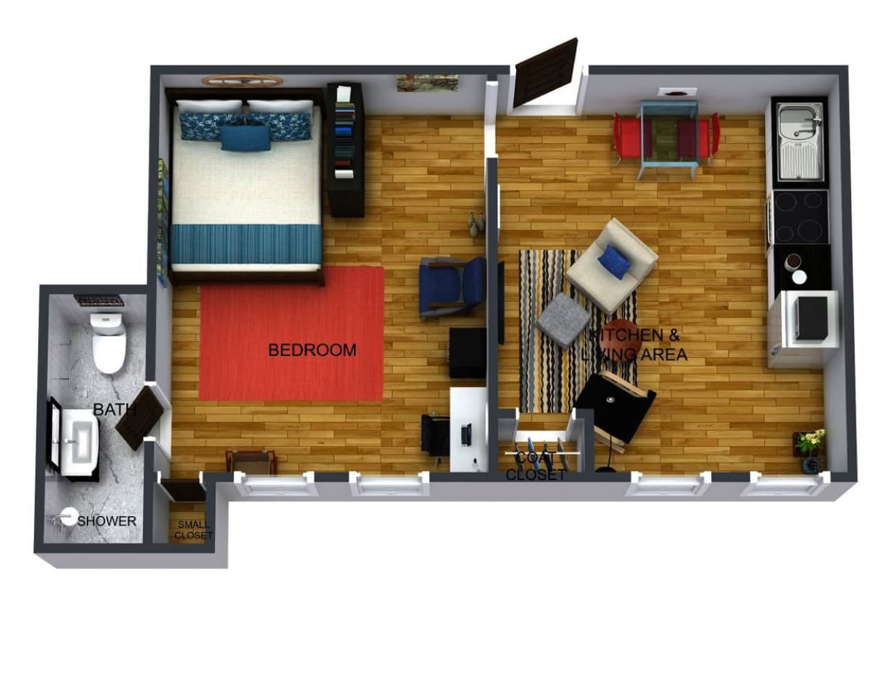Apartment floor plan. Please note: furniture is not exact, but this shows the general layout of the unit.